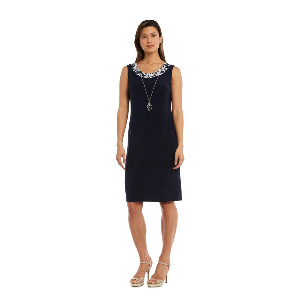 R&M Richards Navy Blue Tapestry Accent Formal Midi Cocktail Sheath Dress - 12